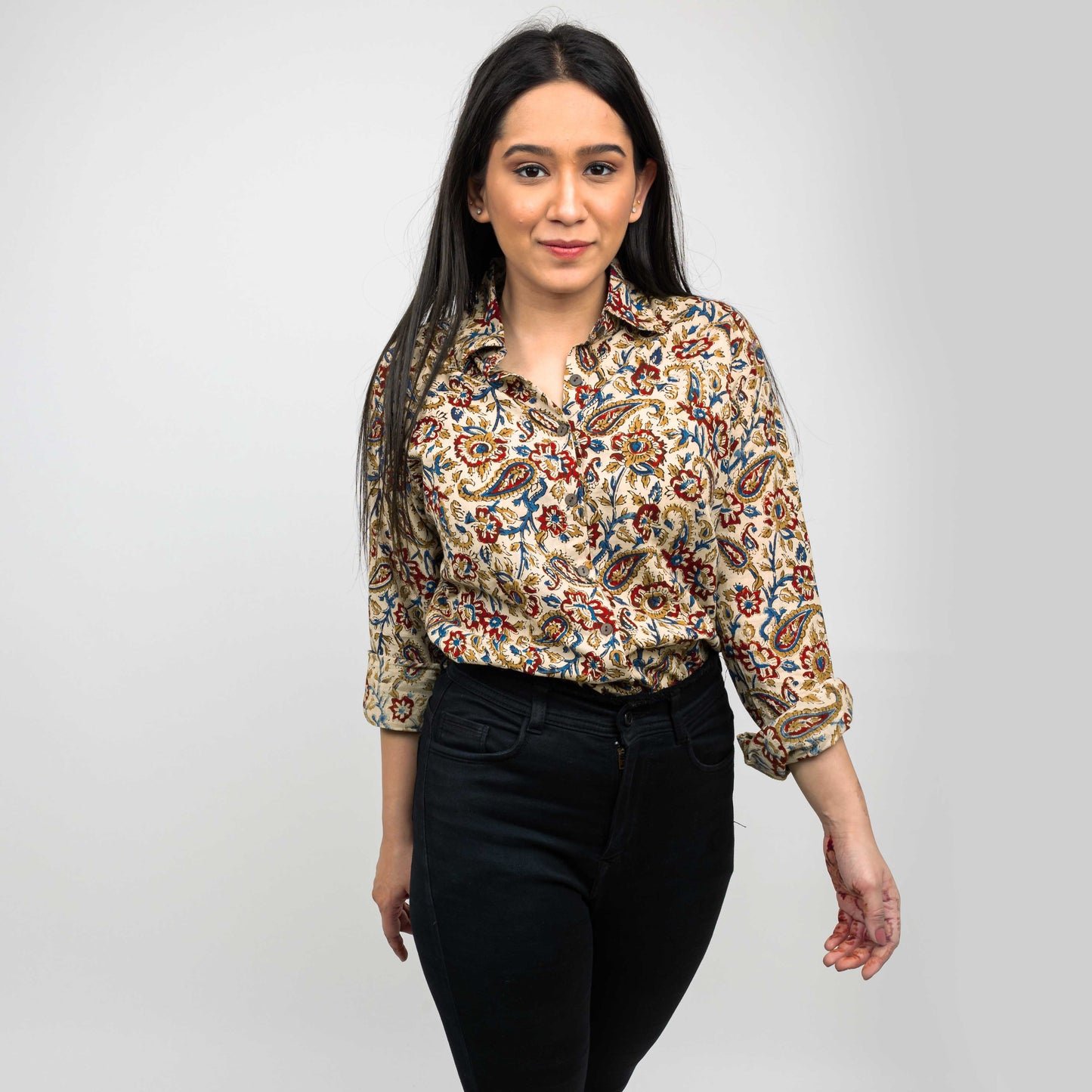 Sanskriti Vintage 100% Pure Cotton Casual Hand Block Printed Beige Floral Full Sleeve Shirt