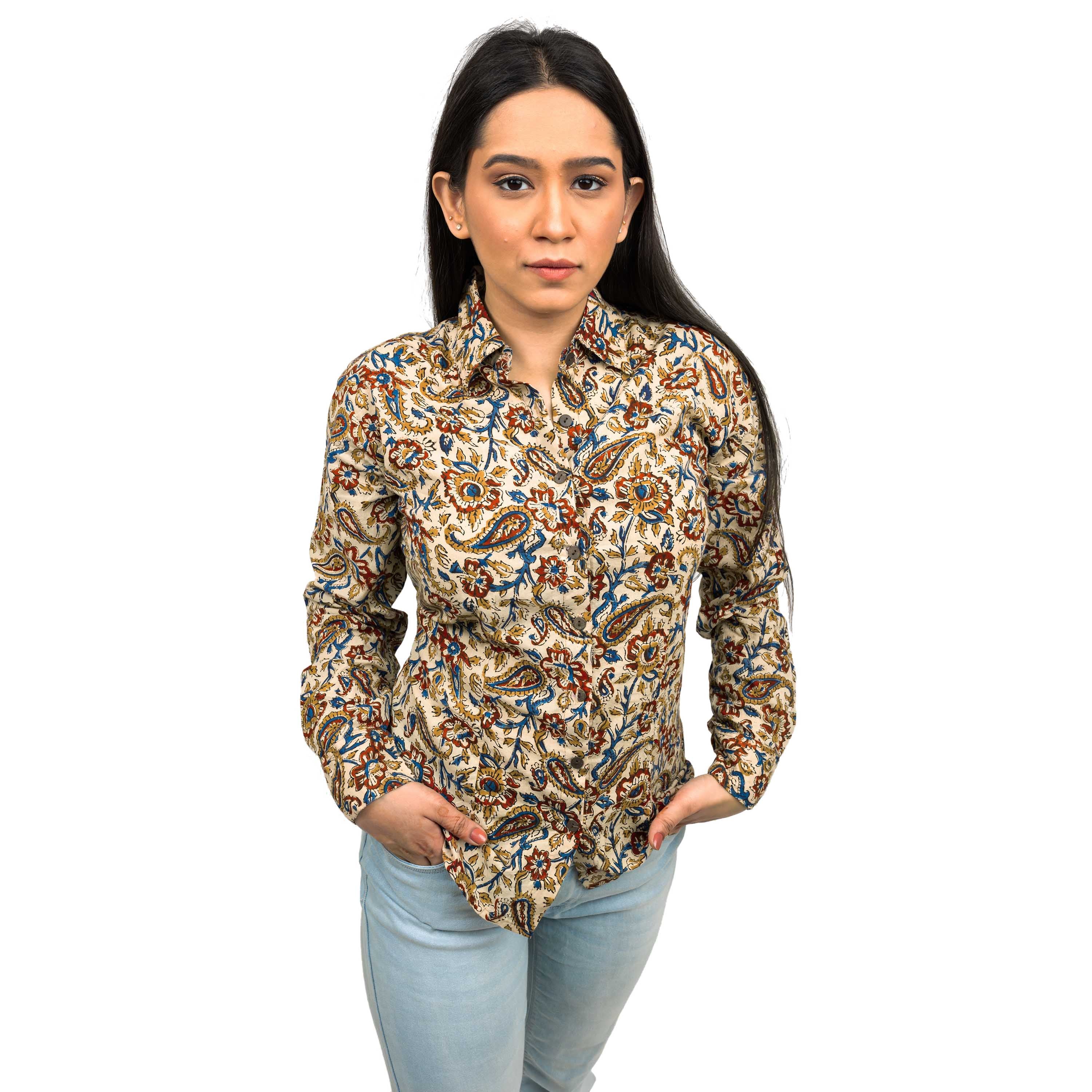 Sanskriti Vintage 100% Pure Cotton Casual Hand Block Printed Beige Floral Full Sleeve Shirt
