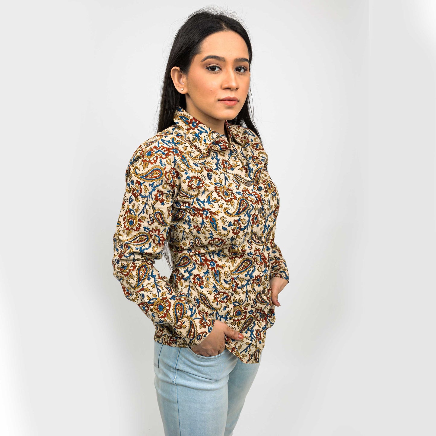 Sanskriti Vintage 100% Pure Cotton Casual Hand Block Printed Beige Floral Full Sleeve Shirt