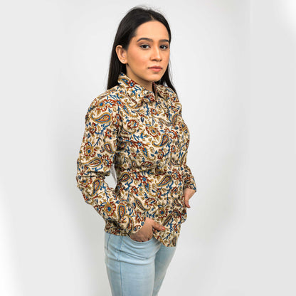 Sanskriti Vintage 100% Pure Cotton Casual Hand Block Printed Beige Floral Full Sleeve Shirt