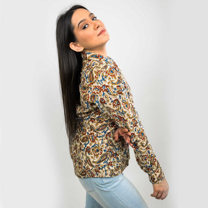 Sanskriti Vintage 100% Pure Cotton Casual Hand Block Printed Beige Floral Full Sleeve Shirt