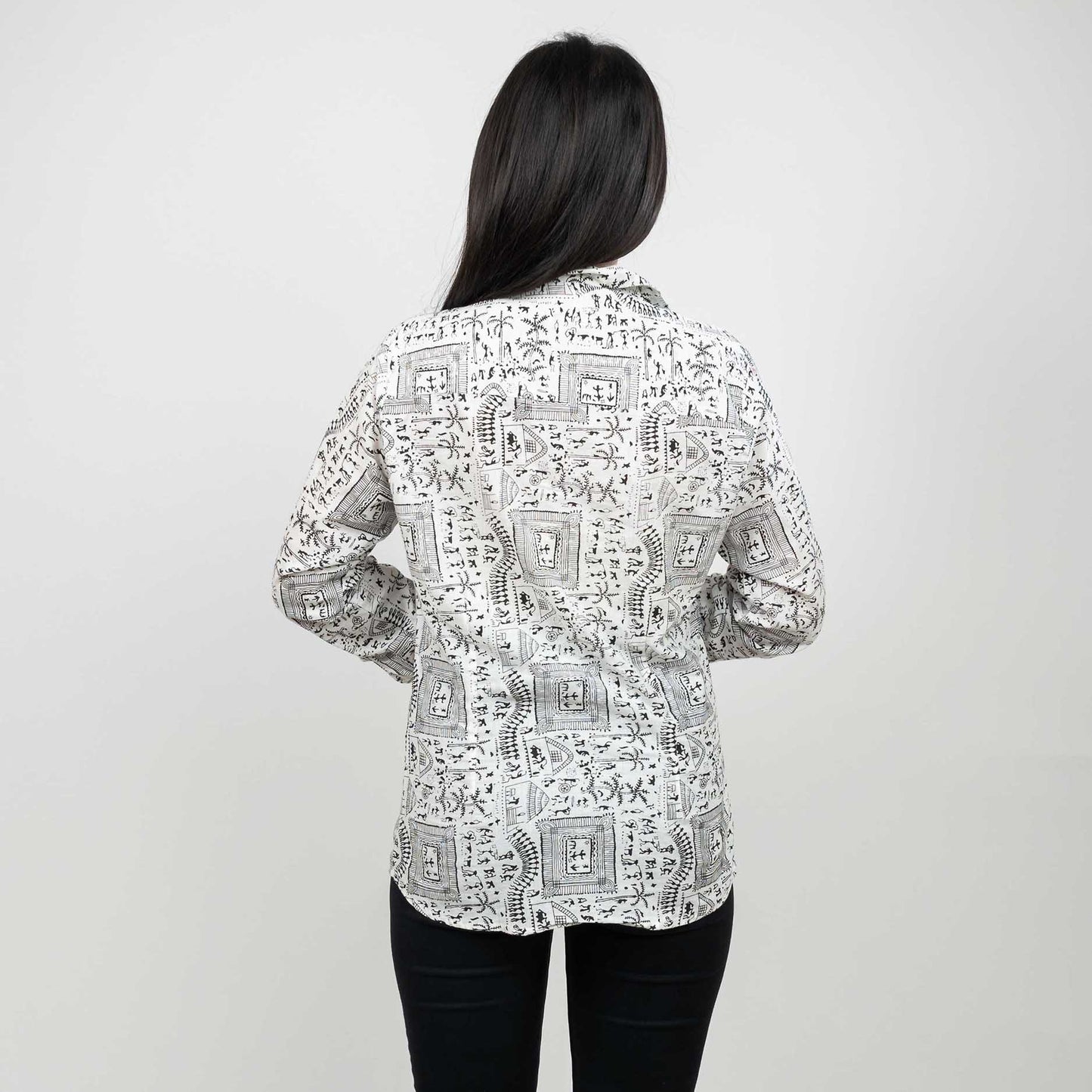 Sanskriti Vintage 100% Pure Cotton Hand Block Warli Printed Blazer Collar Full Sleeve Shirt