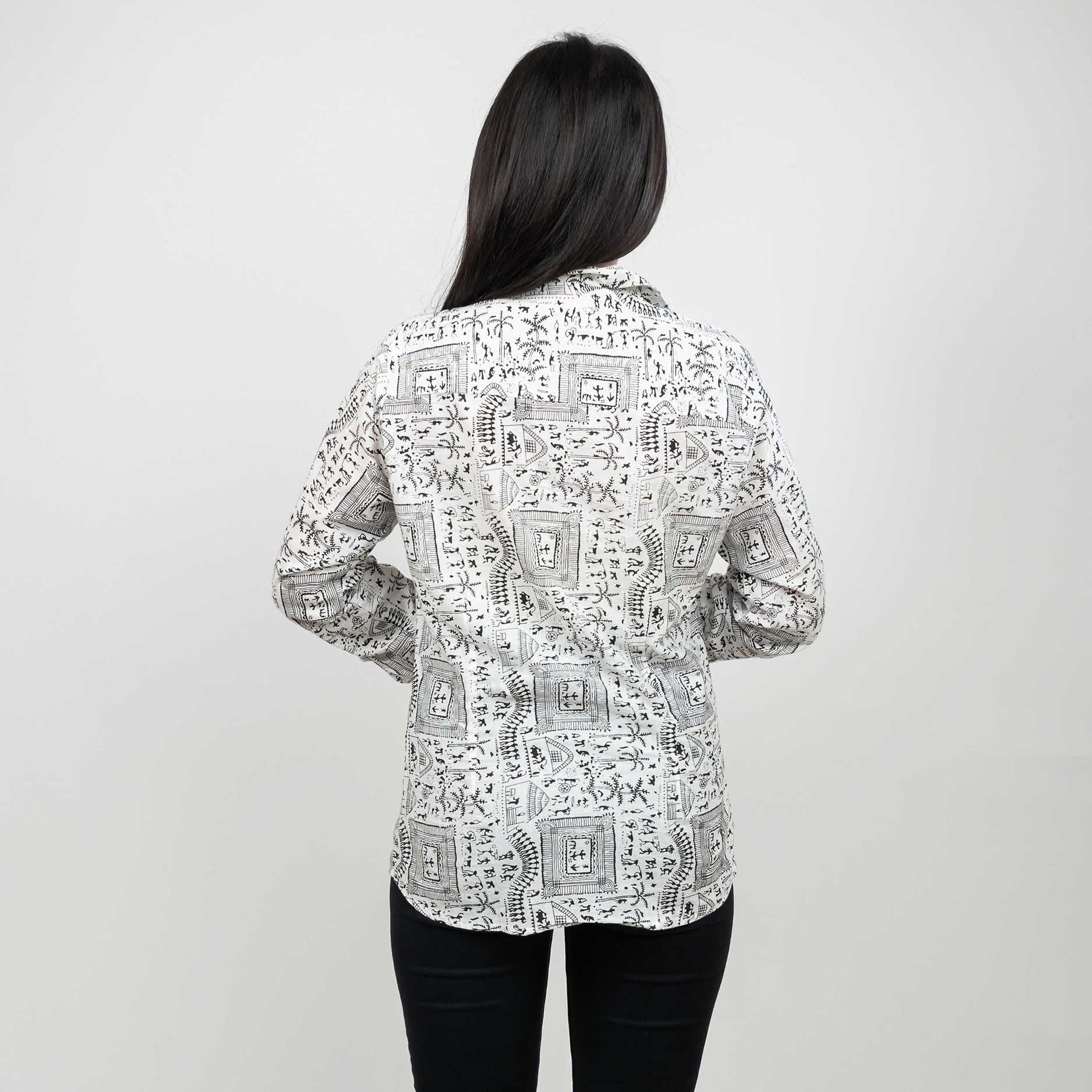 Sanskriti Vintage 100% Pure Cotton Hand Block Warli Printed Blazer Collar Full Sleeve Shirt