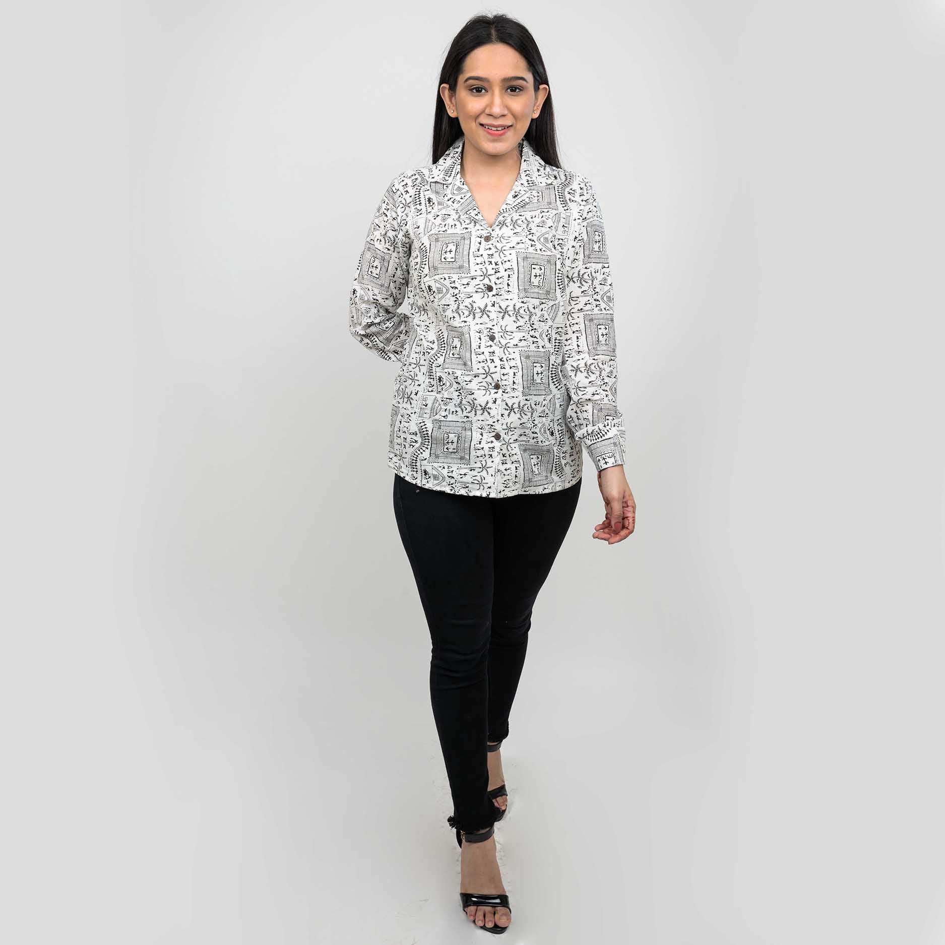 Sanskriti Vintage 100% Pure Cotton Hand Block Warli Printed Blazer Collar Full Sleeve Shirt