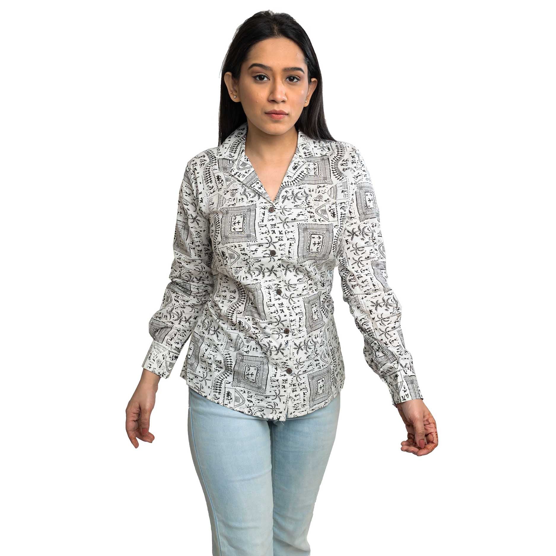 Sanskriti Vintage 100% Pure Cotton Hand Block Warli Printed Blazer Collar Full Sleeve Shirt