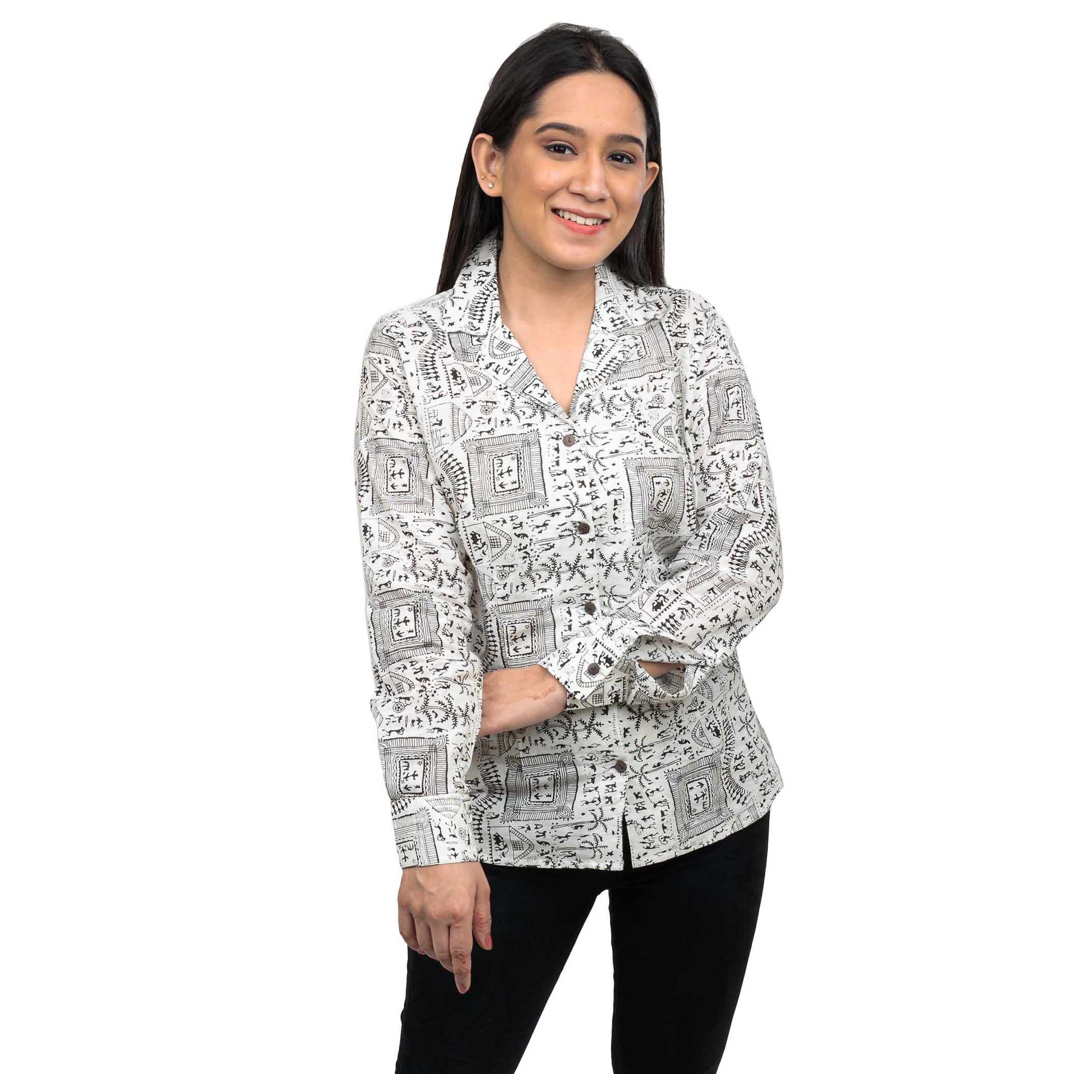 Sanskriti Vintage 100% Pure Cotton Hand Block Warli Printed Blazer Collar Full Sleeve Shirt