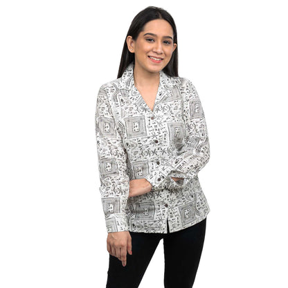 Sanskriti Vintage 100% Pure Cotton Hand Block Warli Printed Blazer Collar Full Sleeve Shirt