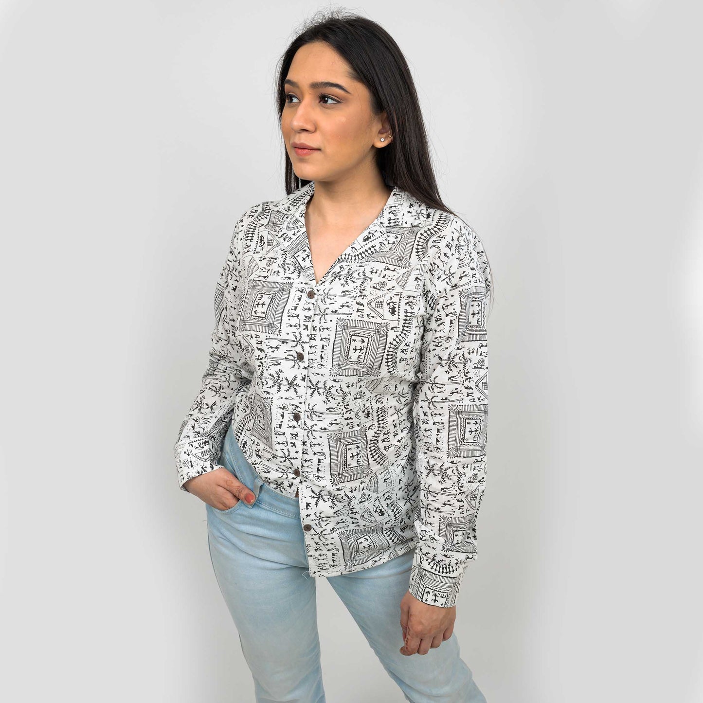 Sanskriti Vintage 100% Pure Cotton Hand Block Warli Printed Blazer Collar Full Sleeve Shirt