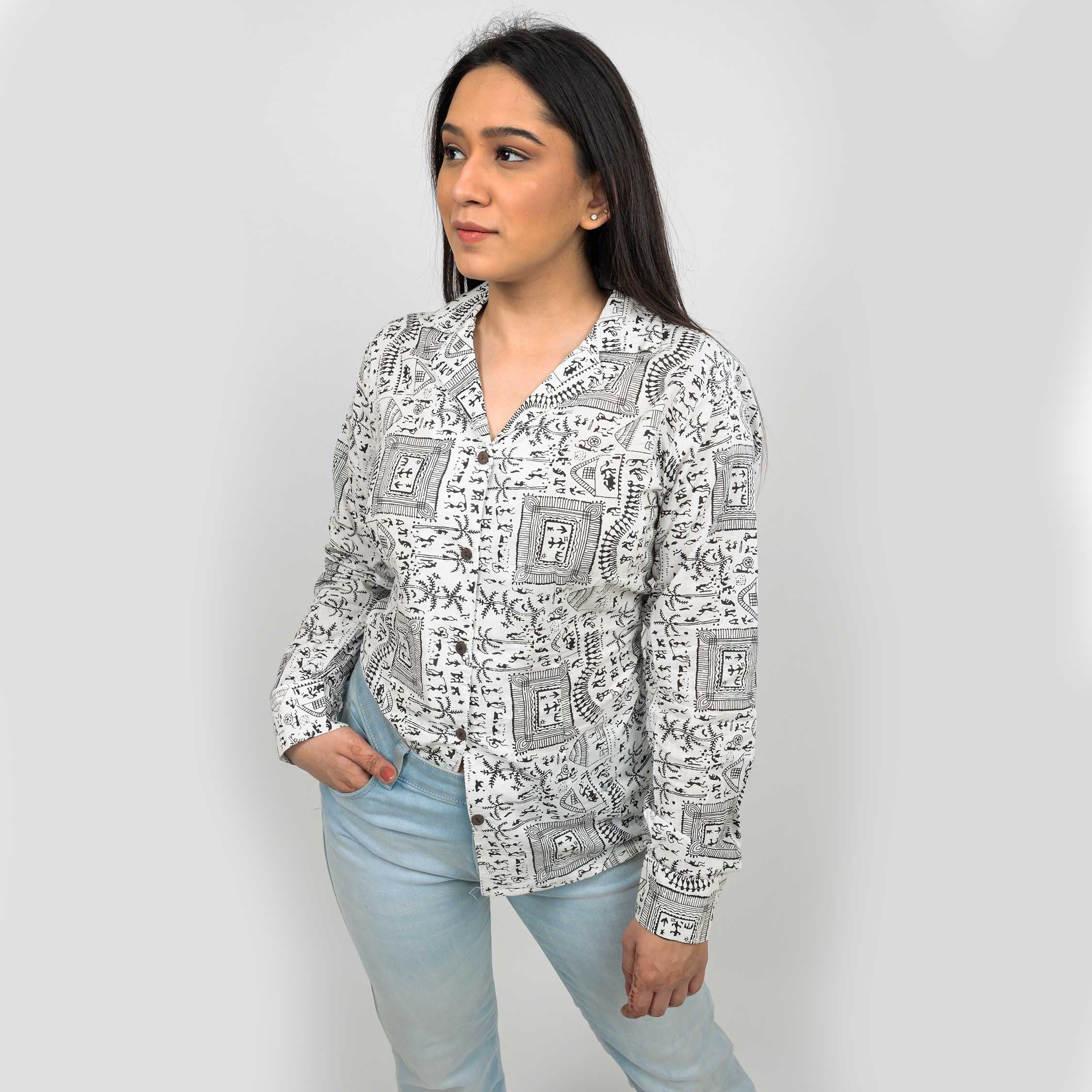 Sanskriti Vintage 100% Pure Cotton Hand Block Warli Printed Blazer Collar Full Sleeve Shirt