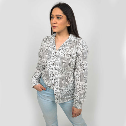 Sanskriti Vintage 100% Pure Cotton Hand Block Warli Printed Blazer Collar Full Sleeve Shirt