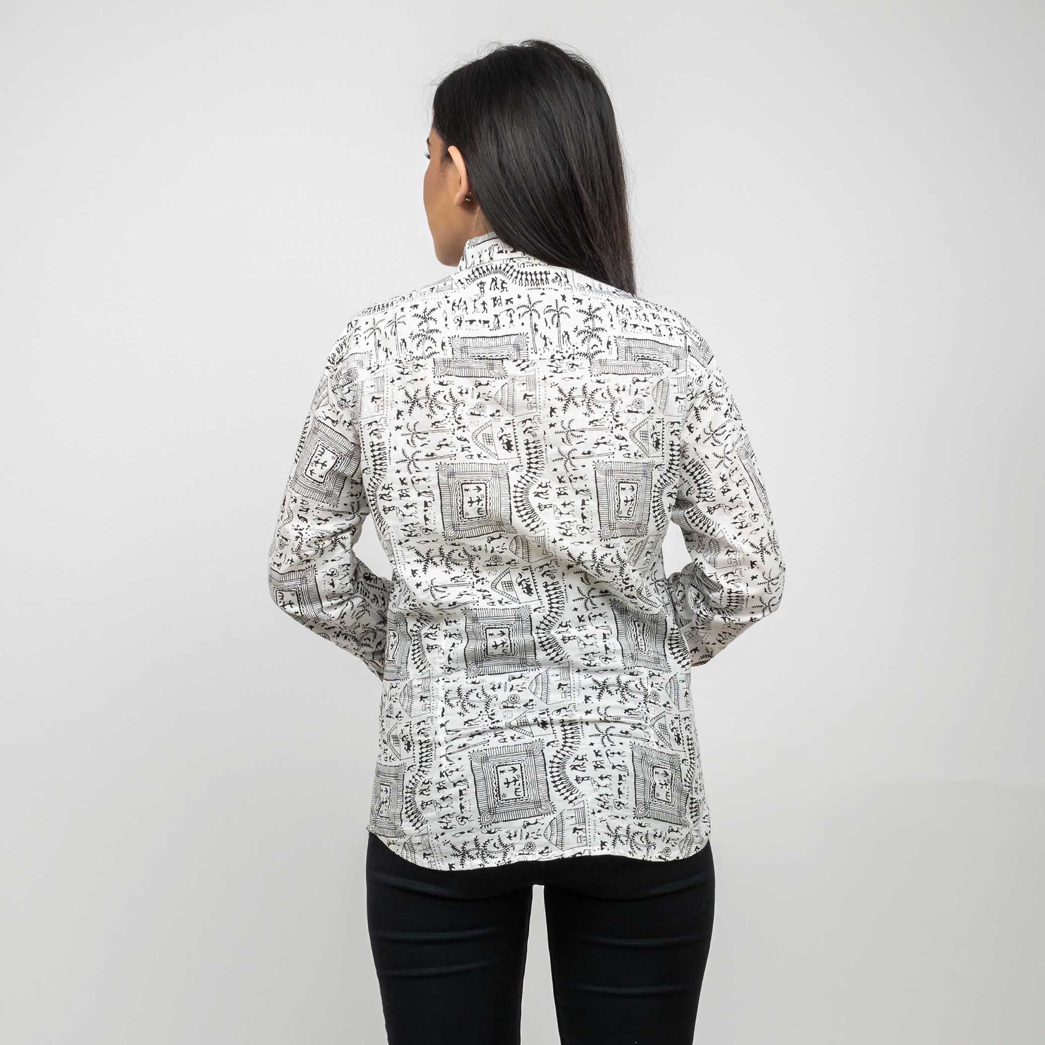 Sanskriti Vintage 100% Pure Cotton Casual Hand Block Warli Printed Full Sleeves Shirt