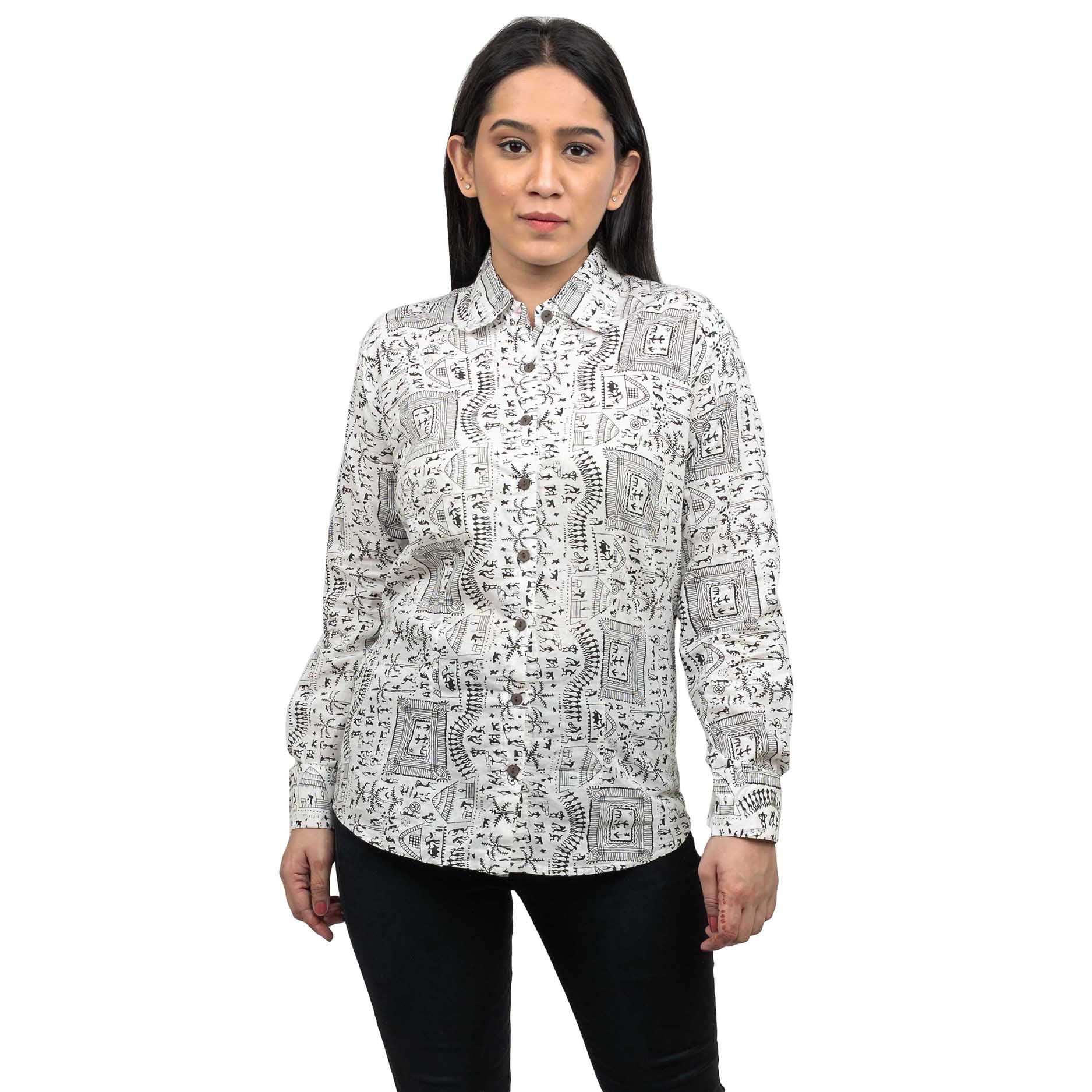 Sanskriti Vintage 100% Pure Cotton Casual Hand Block Warli Printed Full Sleeves Shirt