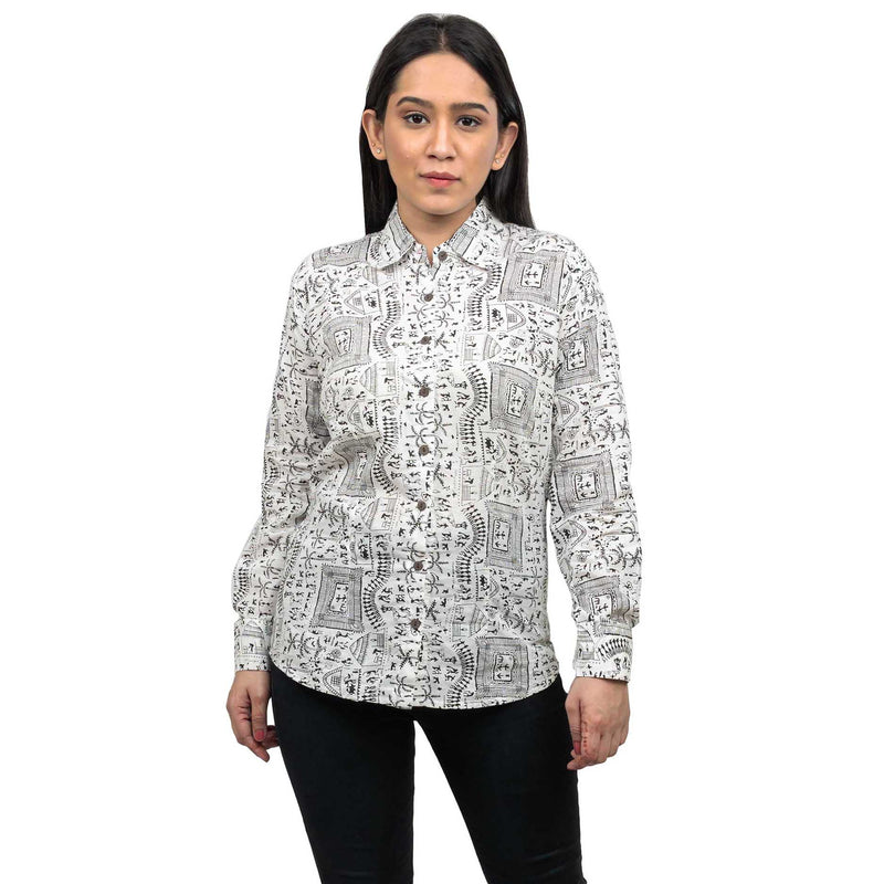 Sanskriti New 100% Pure Cotton Casual Hand Block Warli Printed Full Sleeves Shirt