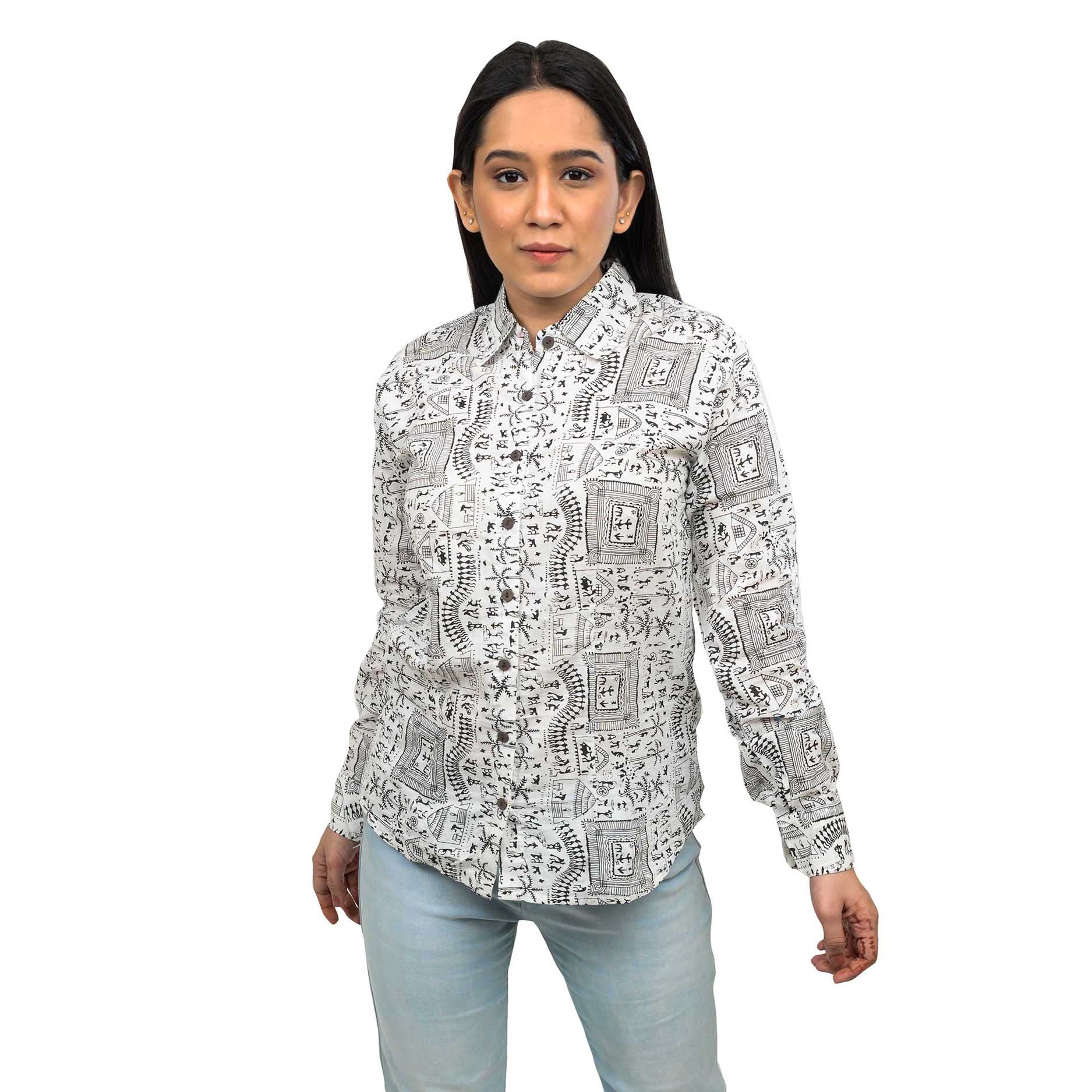 Sanskriti Vintage 100% Pure Cotton Casual Hand Block Warli Printed Full Sleeves Shirt