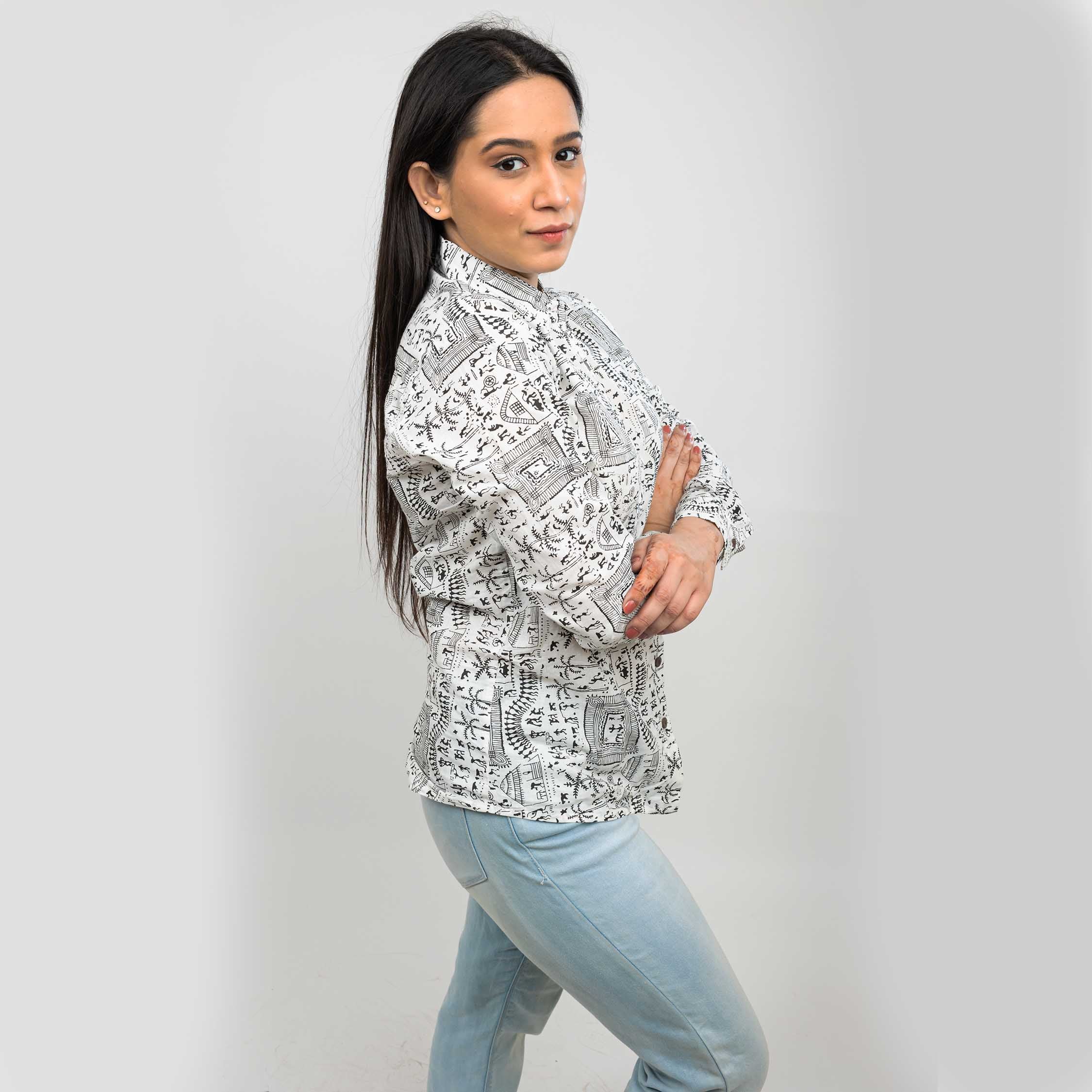 Sanskriti Vintage 100% Pure Cotton Casual Hand Block Warli Printed Full Sleeves Shirt
