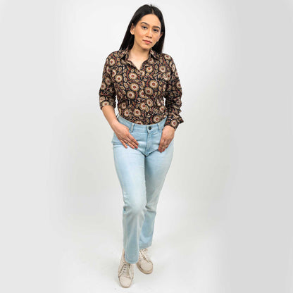 Sanskriti Vintage 100% Pure Cotton Casual Hand Block Printed Black Floral Full Sleeve Shirt