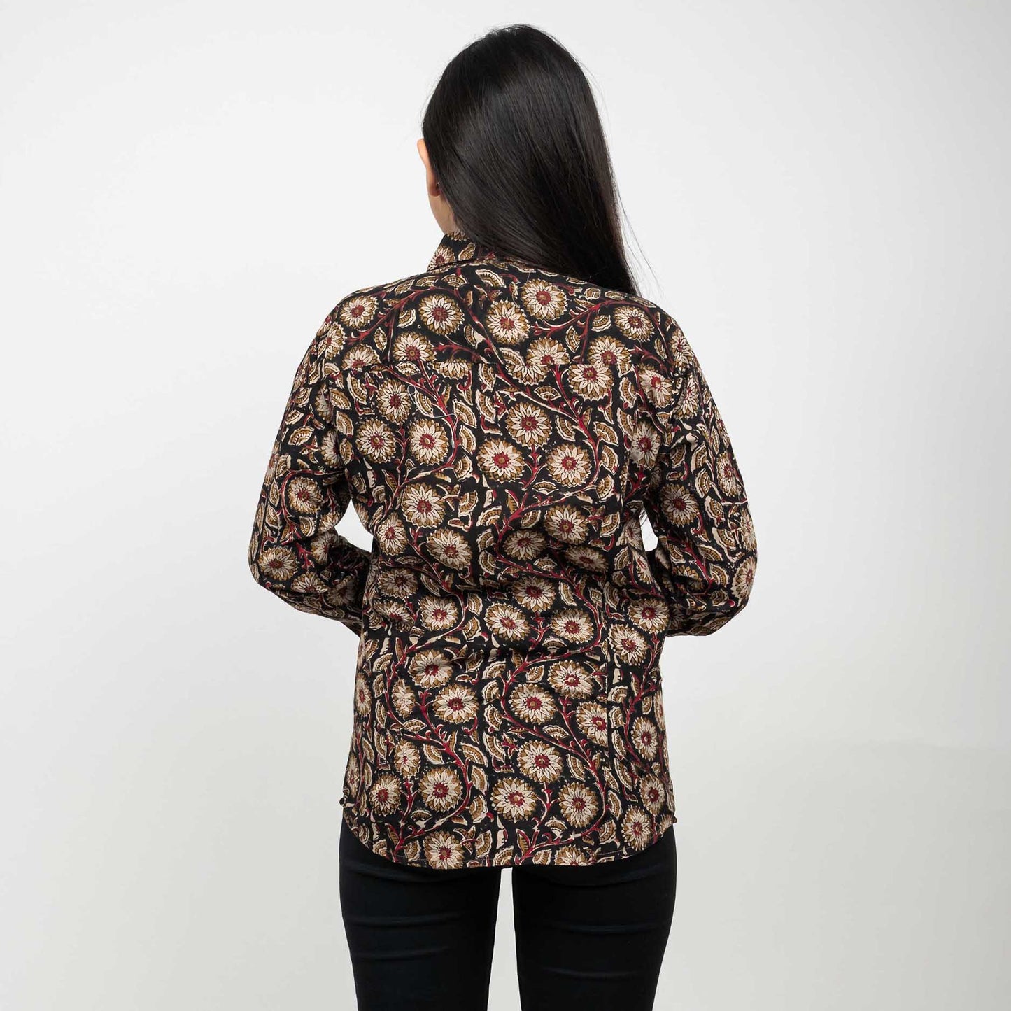 Sanskriti Vintage 100% Pure Cotton Casual Hand Block Printed Black Floral Full Sleeve Shirt