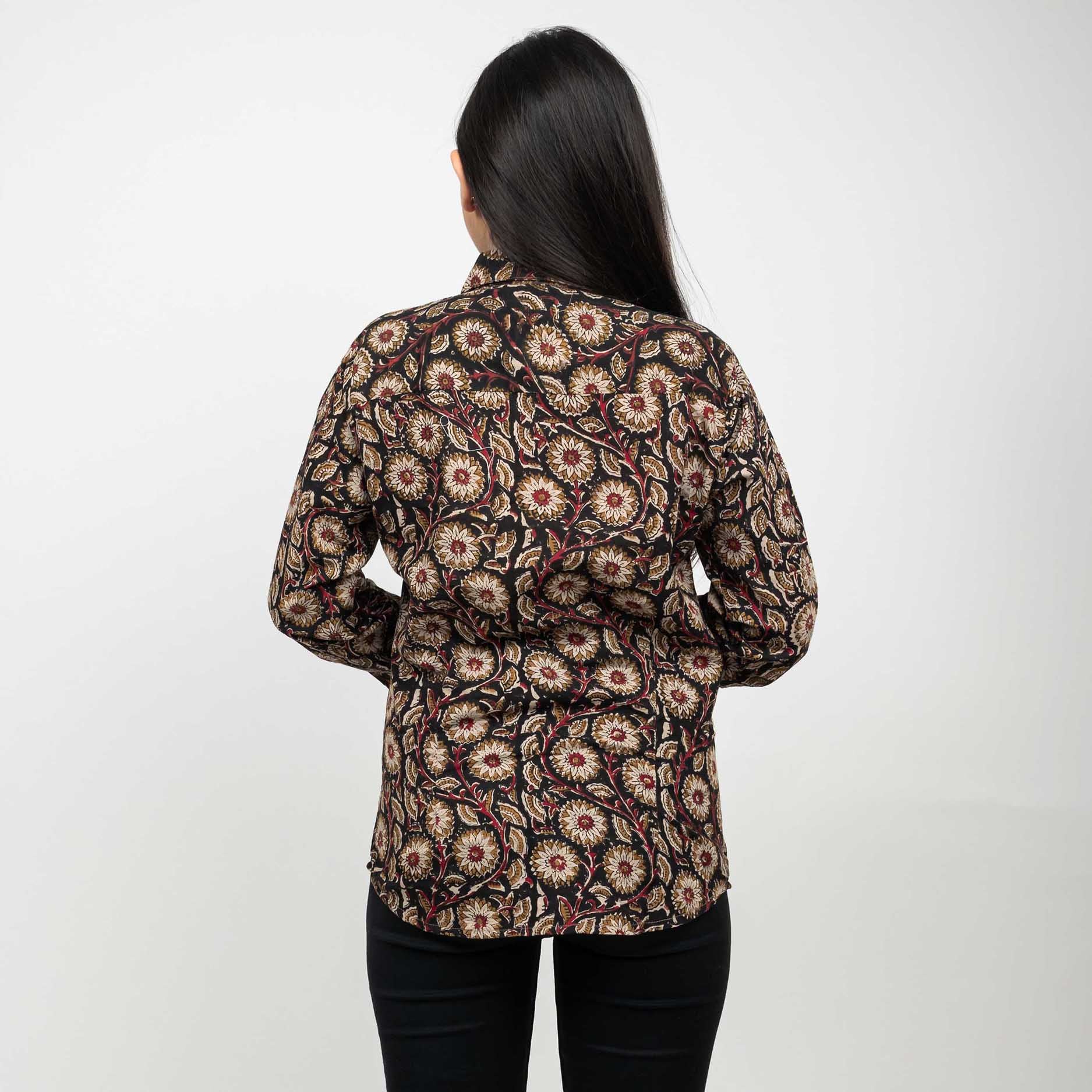 Sanskriti Vintage 100% Pure Cotton Casual Hand Block Printed Black Floral Full Sleeve Shirt