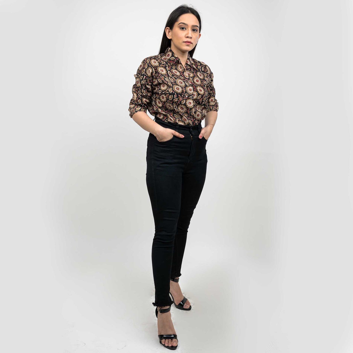 Sanskriti Vintage 100% Pure Cotton Casual Hand Block Printed Black Floral Full Sleeve Shirt