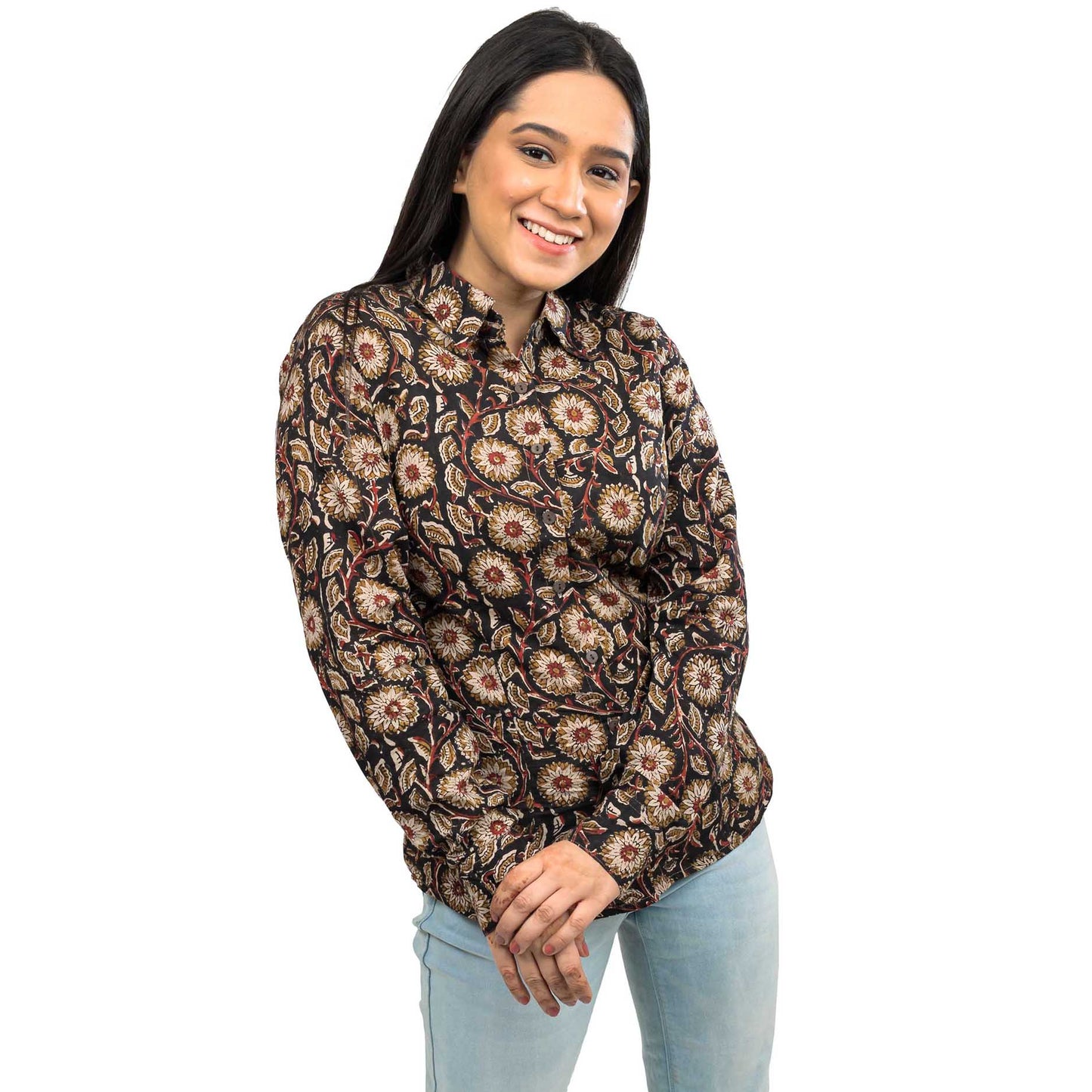Sanskriti Vintage 100% Pure Cotton Casual Hand Block Printed Black Floral Full Sleeve Shirt