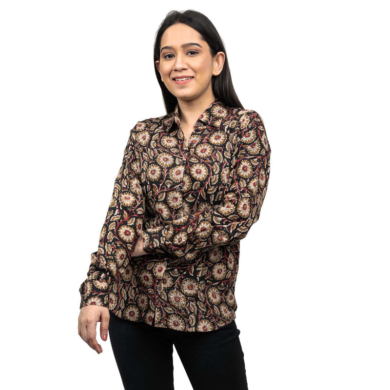 Sanskriti New 100% Pure Cotton Casual Hand Block Printed Black Floral Full Sleeve Shirt