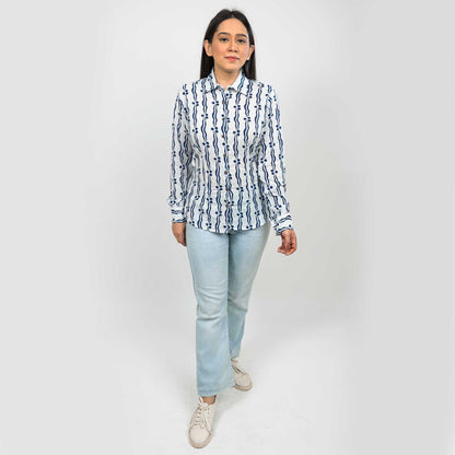 Sanskriti Vintage 100% Pure Cotton Casual Hand Block Printed Blue & White Full Sleeve Shirt