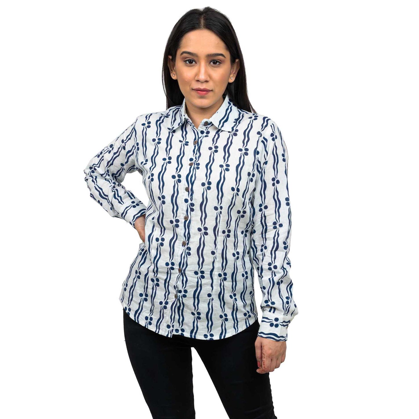Sanskriti Vintage 100% Pure Cotton Casual Hand Block Printed Blue & White Full Sleeve Shirt