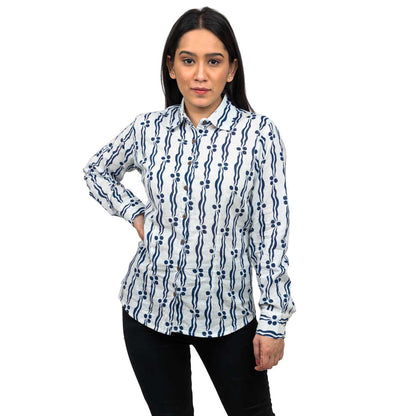 Sanskriti Vintage 100% Pure Cotton Casual Hand Block Printed Blue & White Full Sleeve Shirt