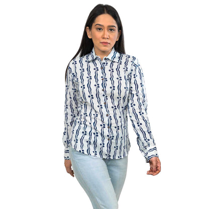 Sanskriti Vintage 100% Pure Cotton Casual Hand Block Printed Blue & White Full Sleeve Shirt