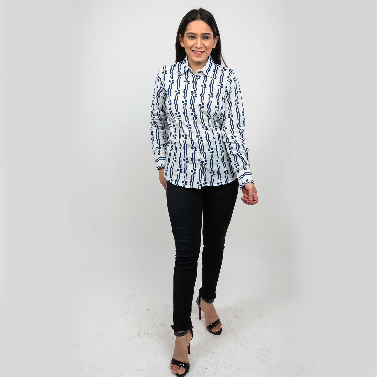 Sanskriti Vintage 100% Pure Cotton Casual Hand Block Printed Blue & White Full Sleeve Shirt