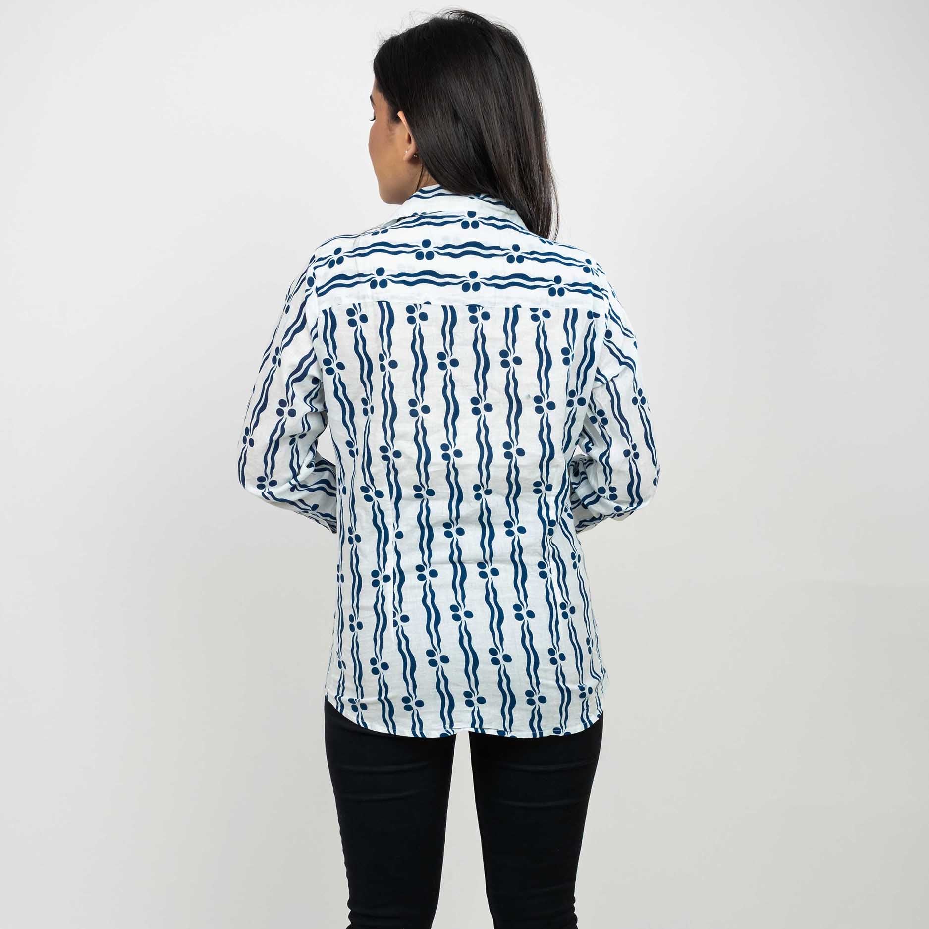 Sanskriti Vintage 100% Pure Cotton Hand Block Printed Blazer Collar White Full Sleeve Shirt