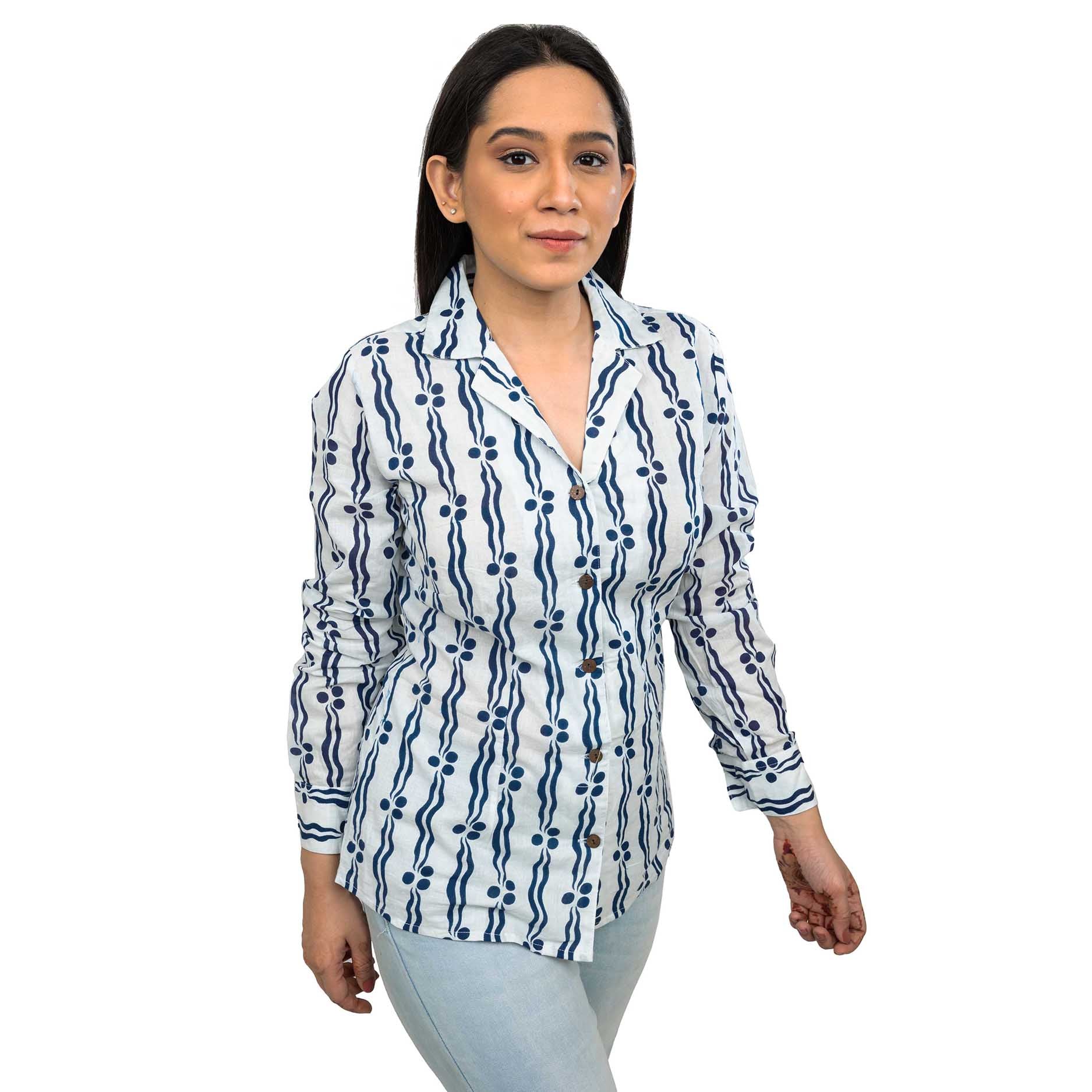 Sanskriti Vintage 100% Pure Cotton Hand Block Printed Blazer Collar White Full Sleeve Shirt