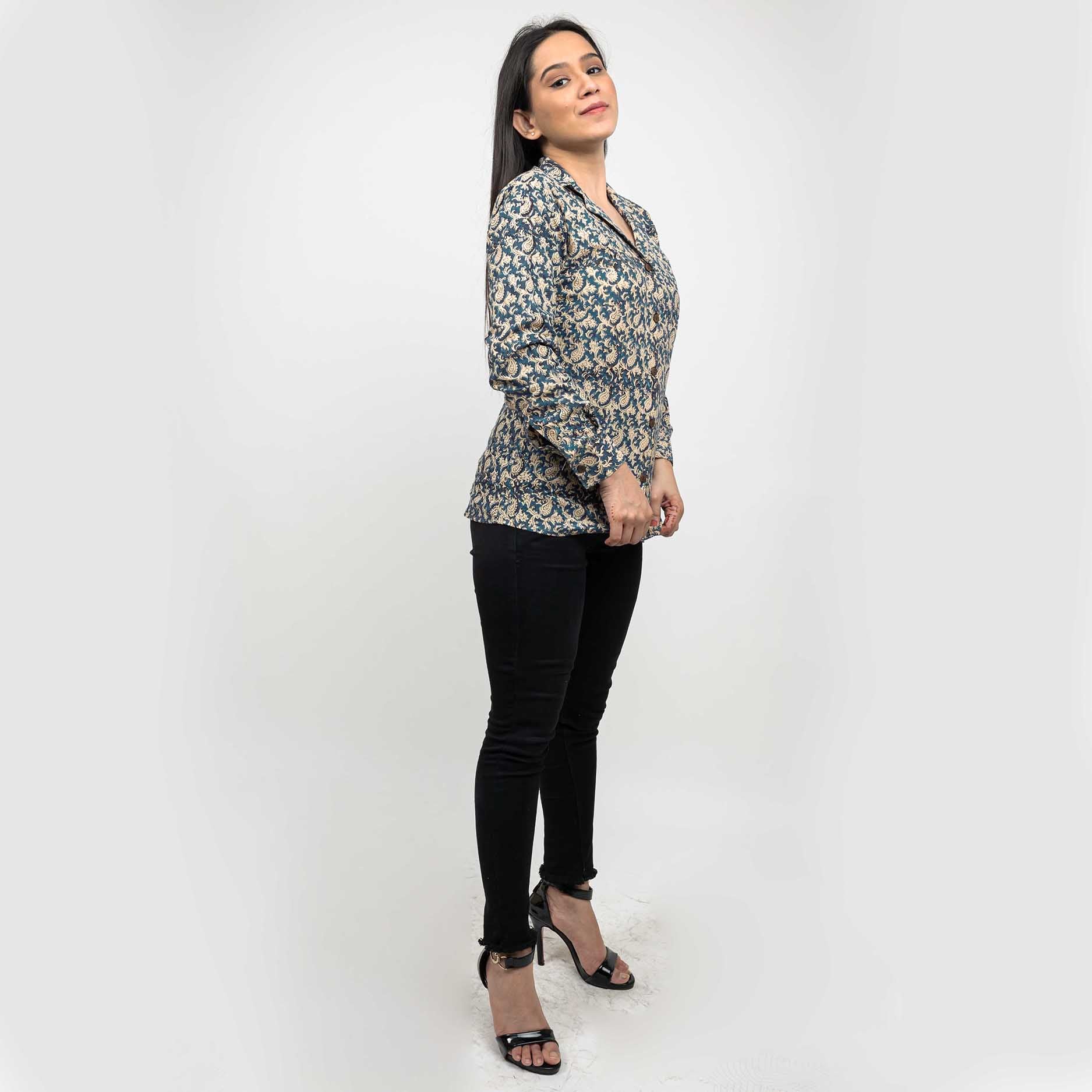 Sanskriti Vintage 100% Pure Cotton Hand Block Paisley Print Blazer Collar Full Sleeve Shirt