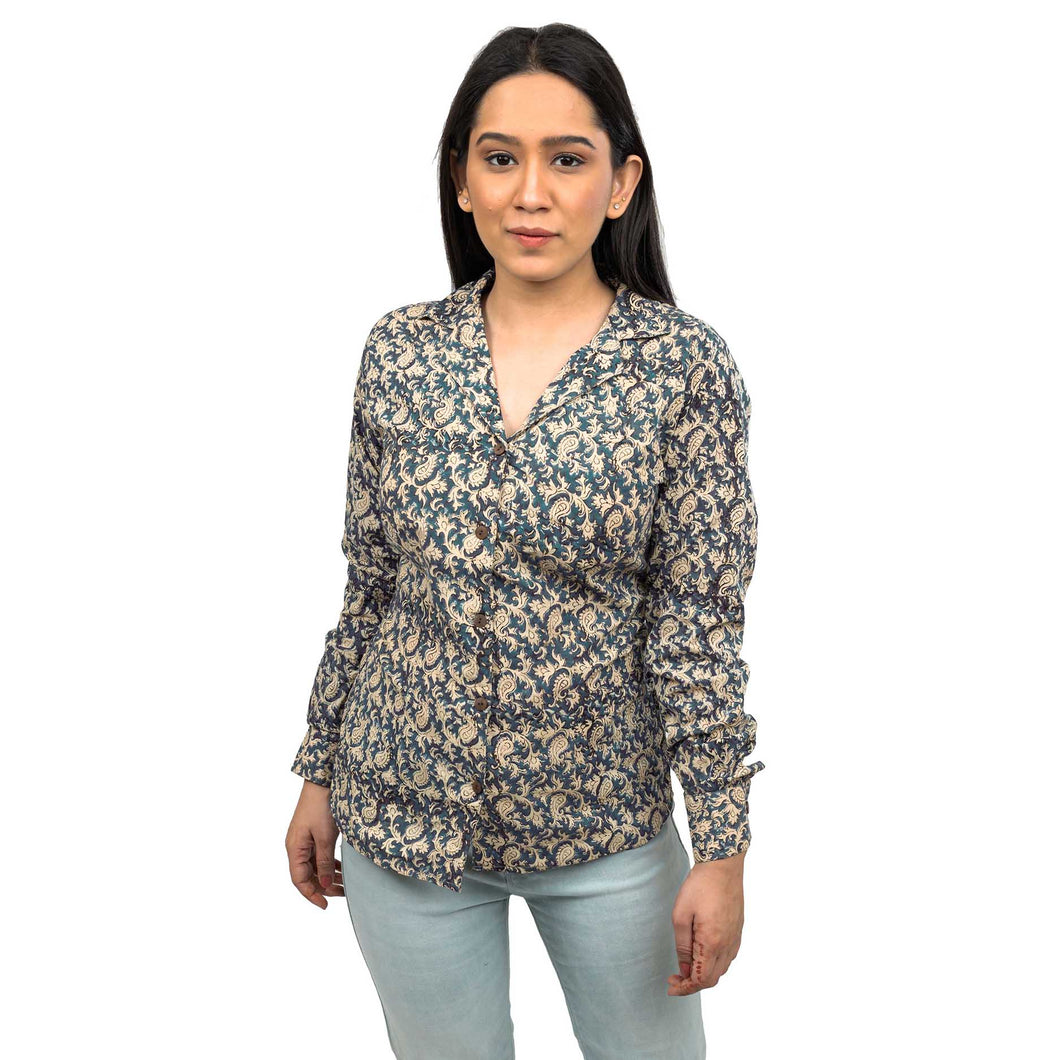 Sanskriti 100% Pure Cotton Hand Block Paisley Print Blazer Collar Full Sleeve Shirt