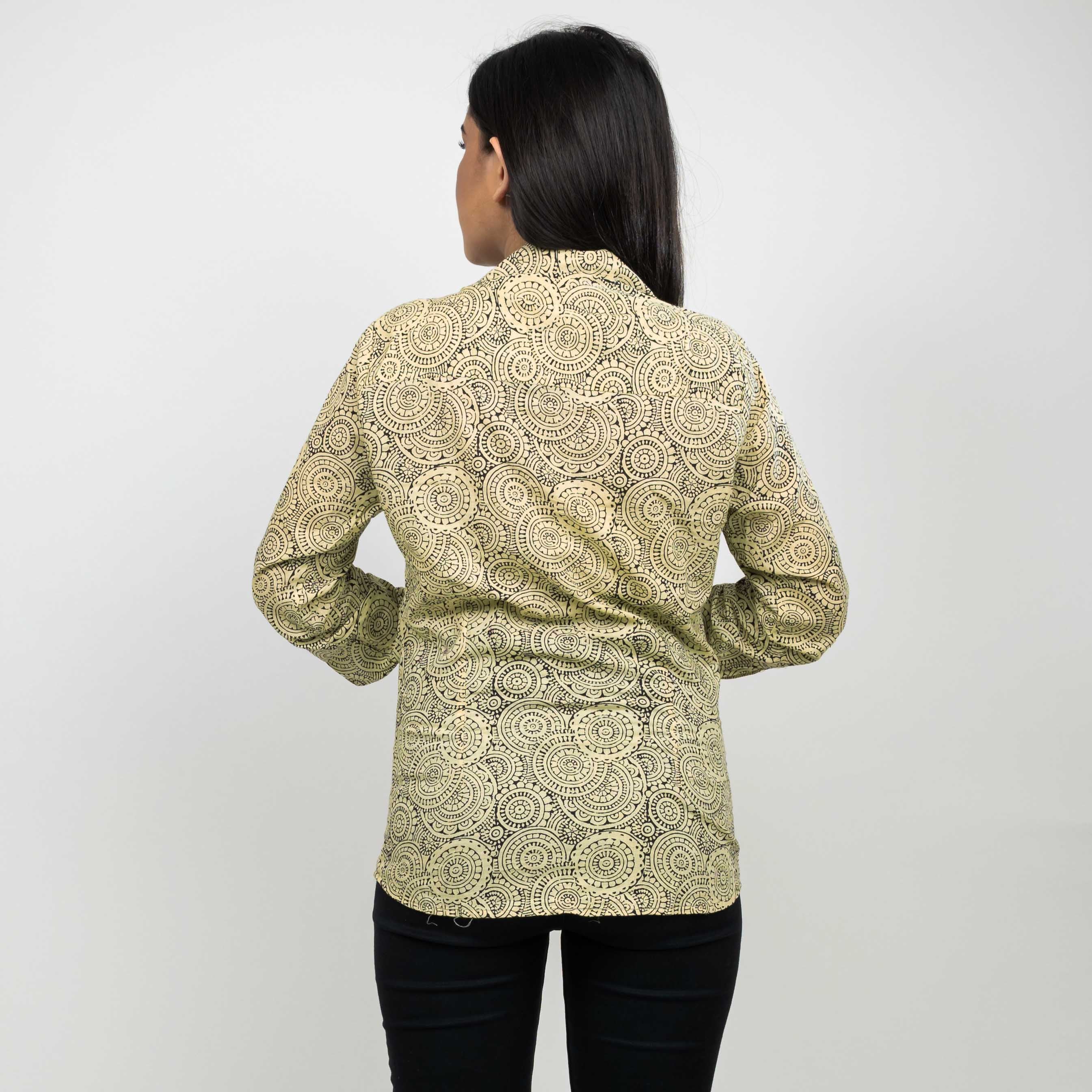 Sanskriti Vintage 100% Pure Cotton Hand Block Mandala Print Blazer Collar Full Sleeve Shirt