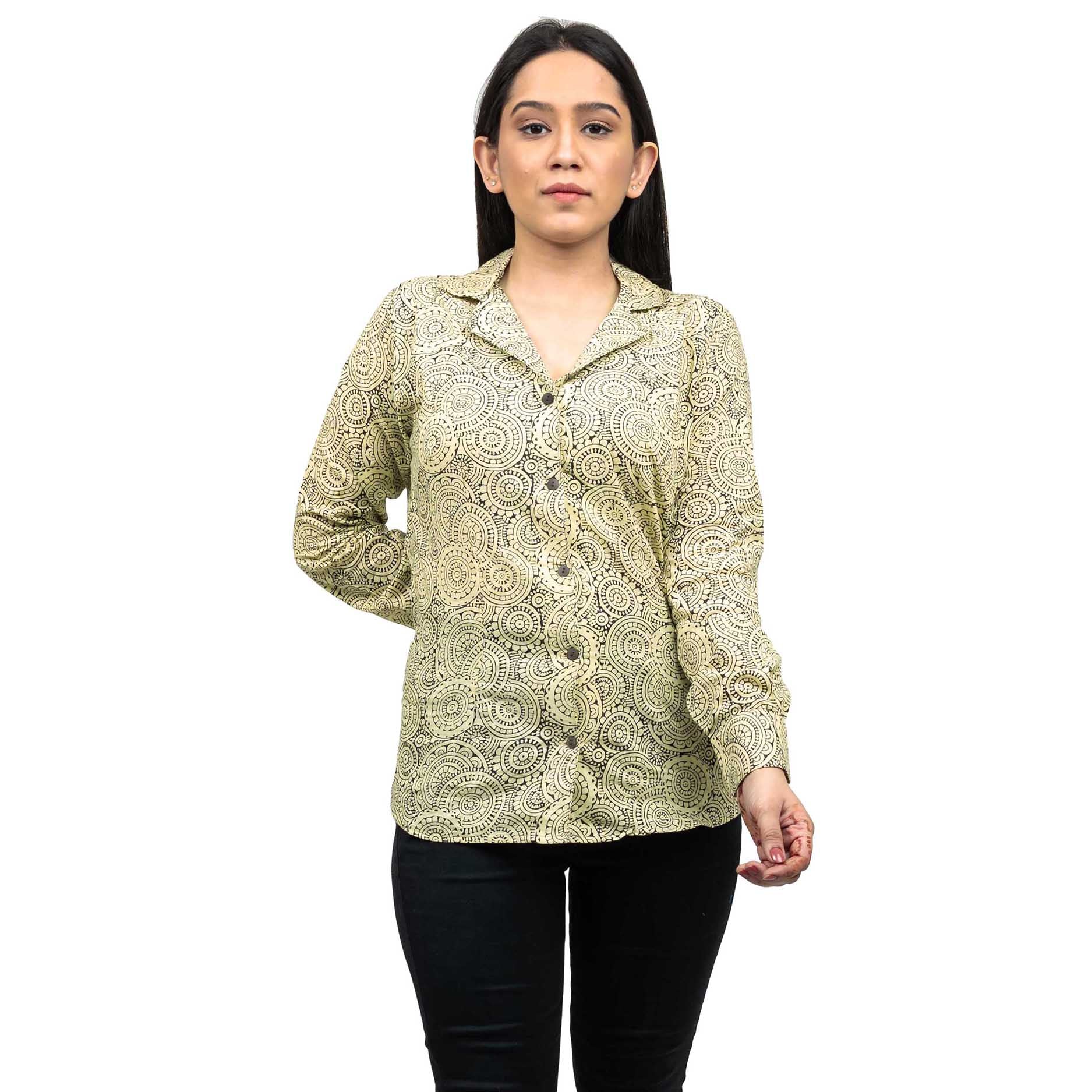 Sanskriti Vintage 100% Pure Cotton Hand Block Mandala Print Blazer Collar Full Sleeve Shirt