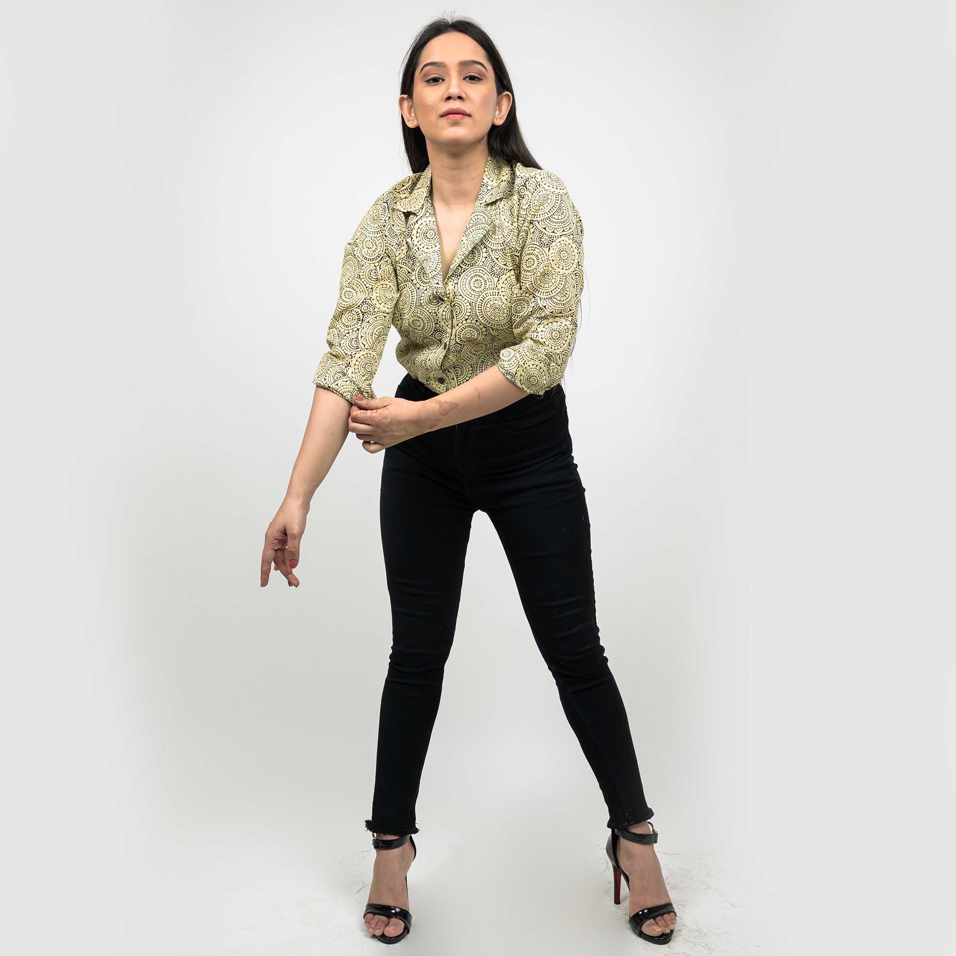 Sanskriti Vintage 100% Pure Cotton Hand Block Mandala Print Blazer Collar Full Sleeve Shirt