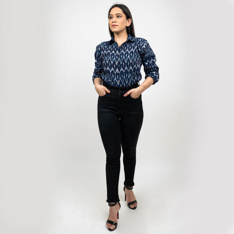 Sanskriti New Dark Blue Pure Cotton Hand Woven Ikat Work Casual Full Sleeves Shirt