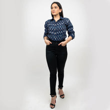 Load image into Gallery viewer, Sanskriti Dark Blue Pure Cotton Hand Woven Ikat Work Casual Full Sleeves Shirt
