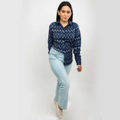Sanskriti Vintage Dark Blue Pure Cotton Hand Woven Ikat Work Casual Full Sleeves Shirt
