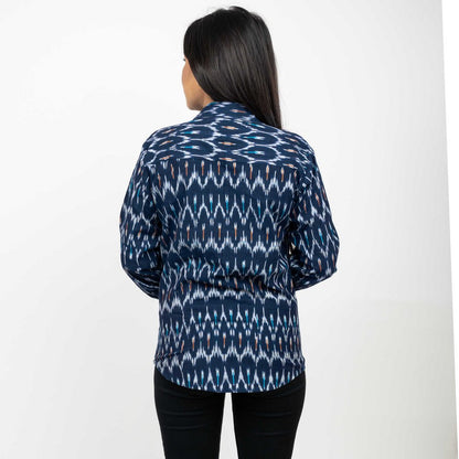 Sanskriti Vintage Dark Blue Pure Cotton Hand Woven Ikat Work Casual Full Sleeves Shirt