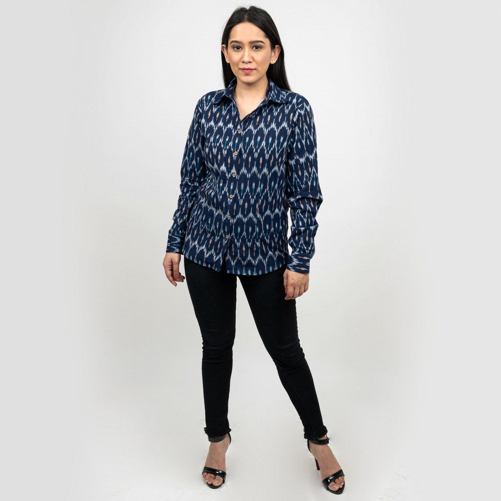 Sanskriti Vintage Dark Blue Pure Cotton Hand Woven Ikat Work Casual Full Sleeves Shirt