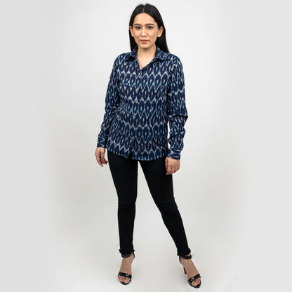 Sanskriti Vintage Dark Blue Pure Cotton Hand Woven Ikat Work Casual Full Sleeves Shirt