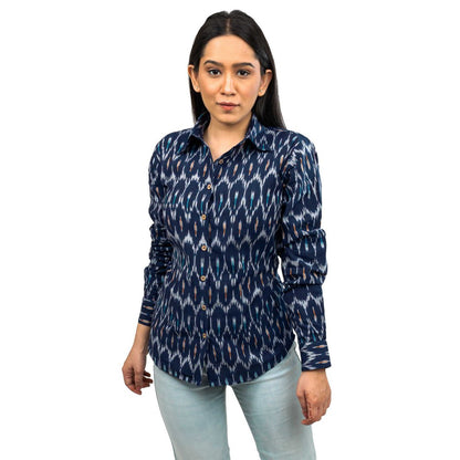 Sanskriti Vintage Dark Blue Pure Cotton Hand Woven Ikat Work Casual Full Sleeves Shirt