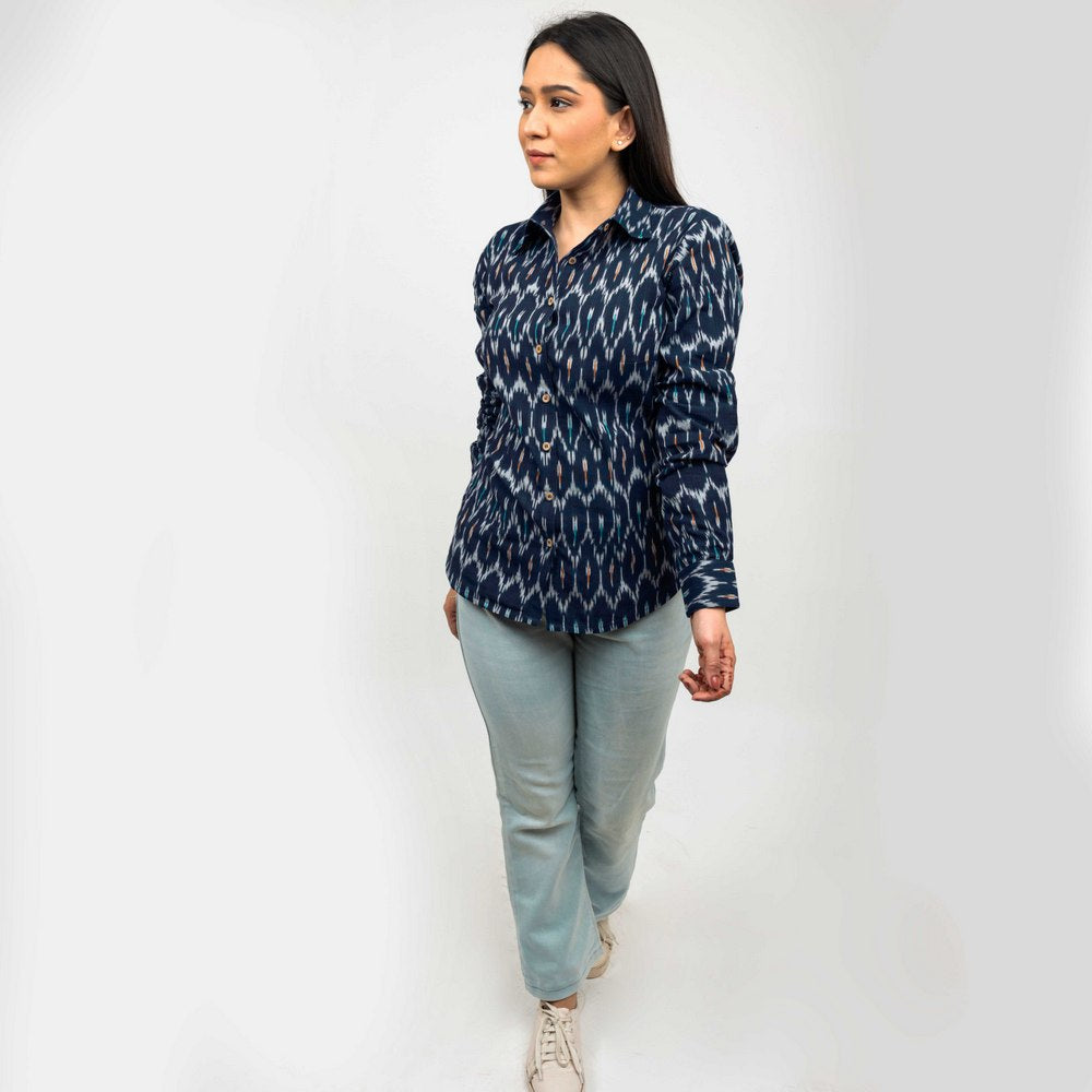 Sanskriti Vintage Dark Blue Pure Cotton Hand Woven Ikat Work Casual Full Sleeves Shirt