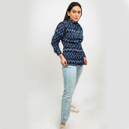 Sanskriti Vintage Dark Blue Pure Cotton Hand Woven Ikat Work Casual Full Sleeves Shirt