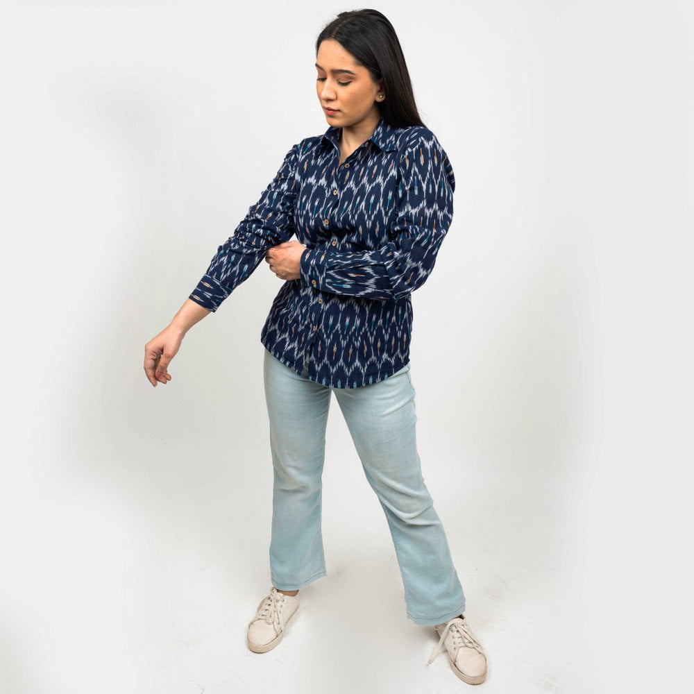 Sanskriti Vintage Dark Blue Pure Cotton Hand Woven Ikat Work Casual Full Sleeves Shirt