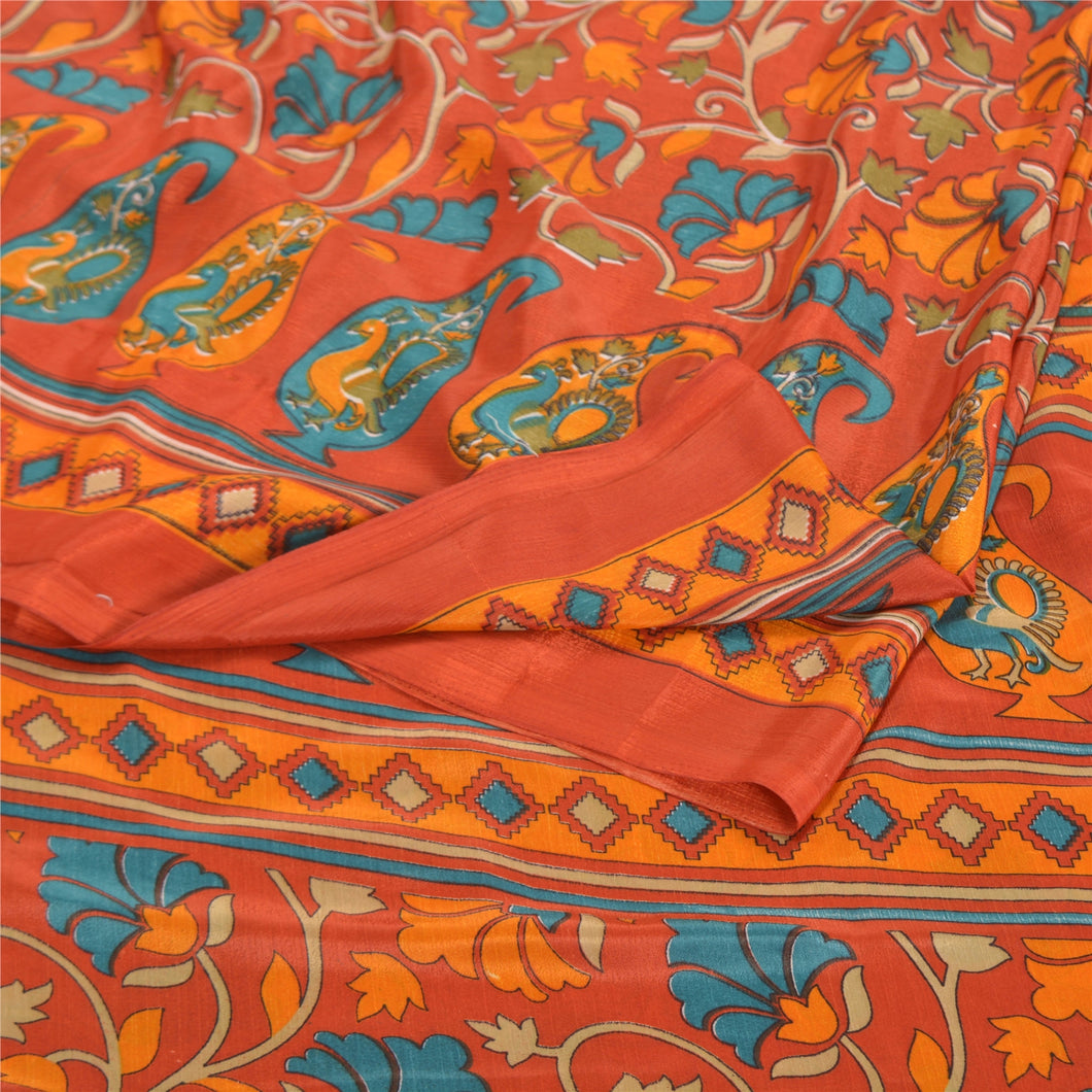 Sanskriti Vintage Brick Red Sarees Moss Crepe Printed Sari 5YD Soft Craft Fabric