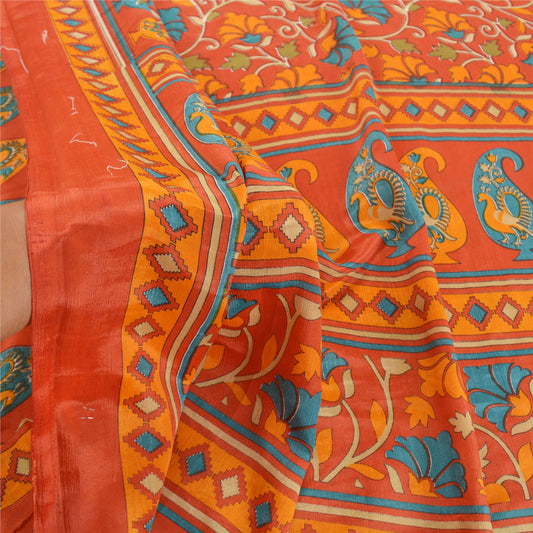 Sanskriti Vintage Brick Red Sarees Moss Crepe Printed Sari 5YD Soft Craft Sustainable Fabric