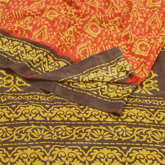 Sanskriti Vintage Red Sarees Moss Crepe Printed Sari Floral Soft Craft Sustainable Fabric